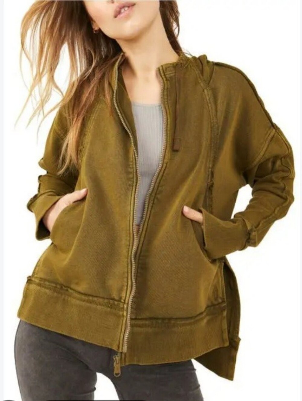 FP Movement Grunge Olive Green Full-Zip Hoodie Jacket Size S